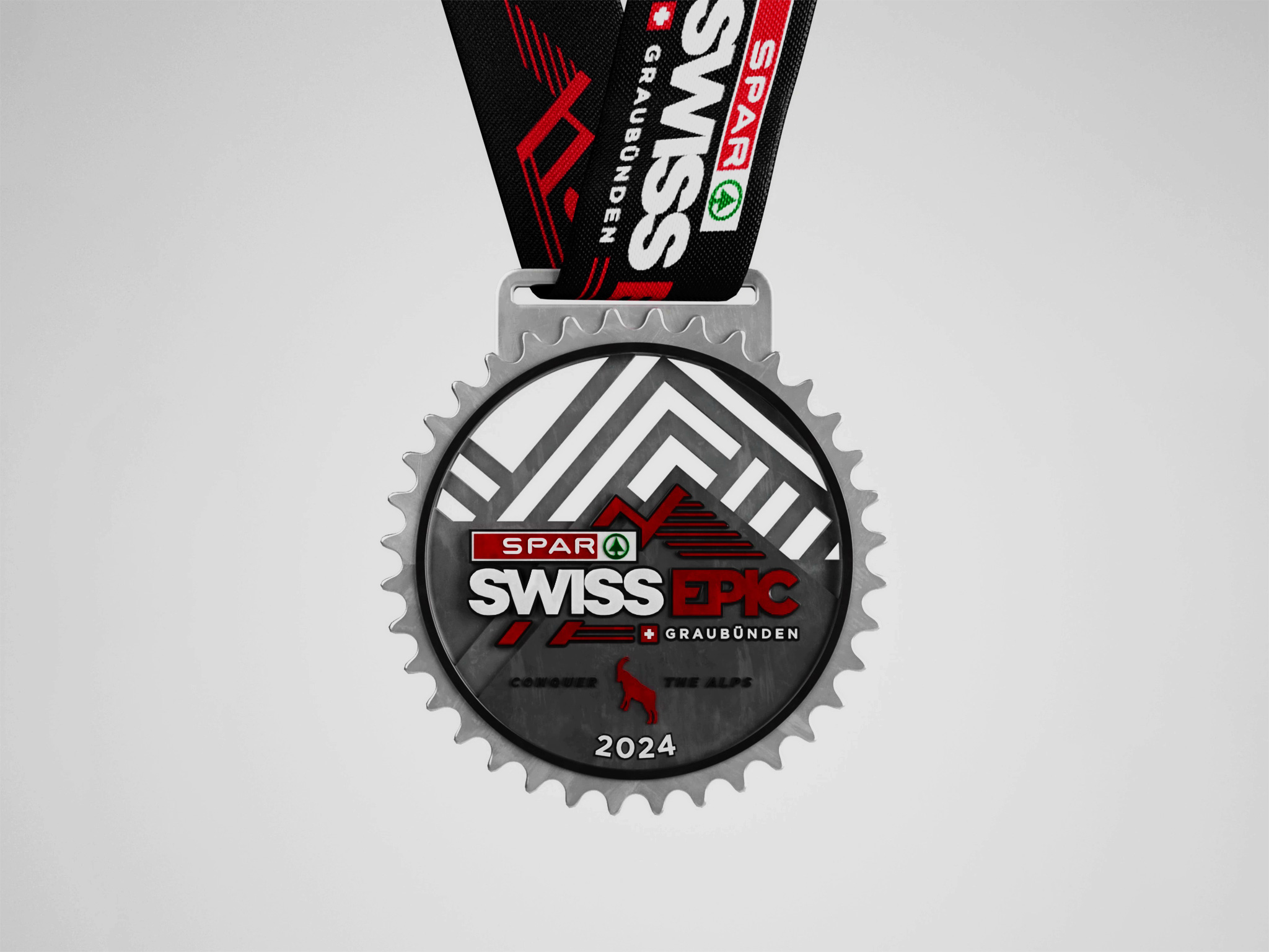 SPAR Swiss Epic 2024 recycled finisher medal, cinematic 3D CGI reveal